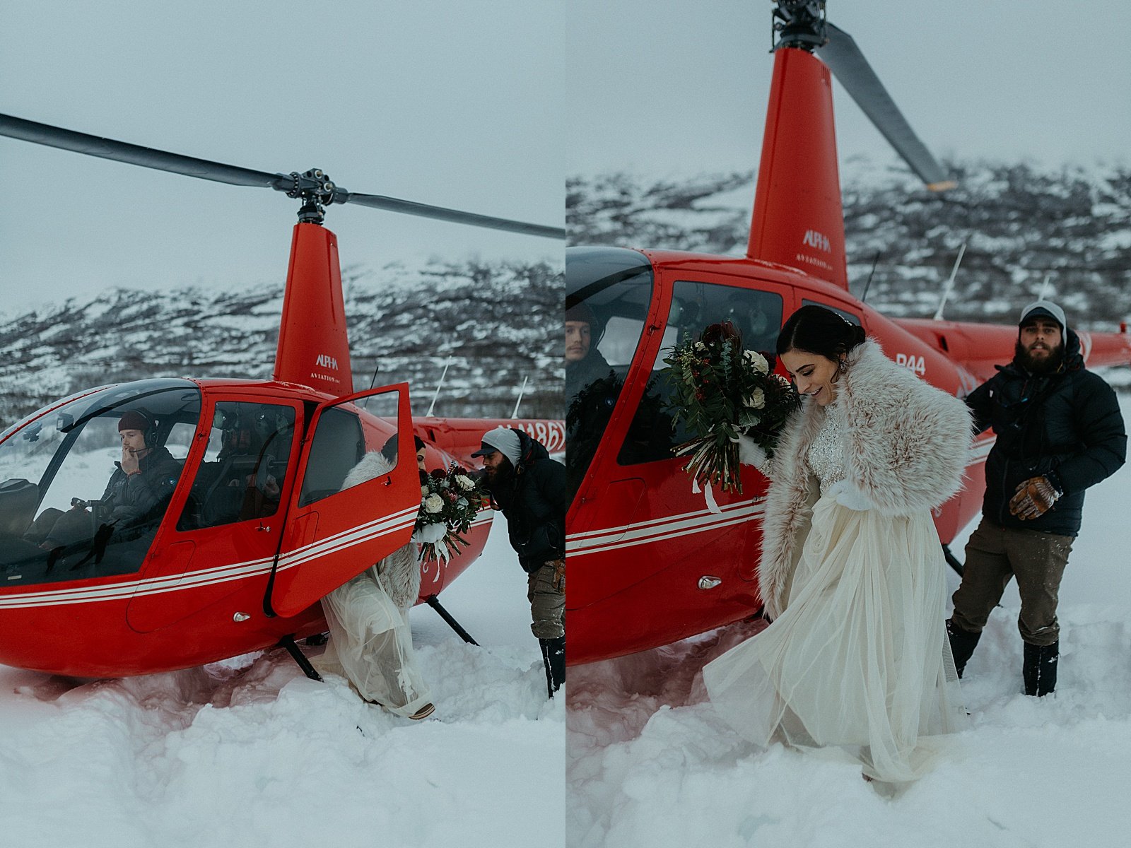  Groom and bride exiting the helicopter by Alaska wedding photographer, Rachel Struve 