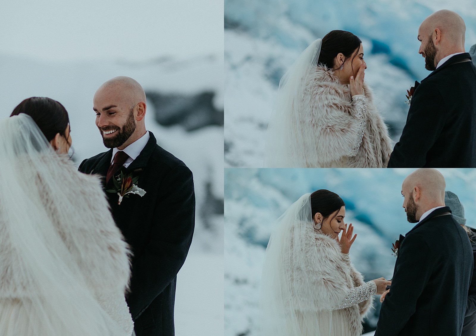  Bride and groom exchanging vows on a snowy mountain 