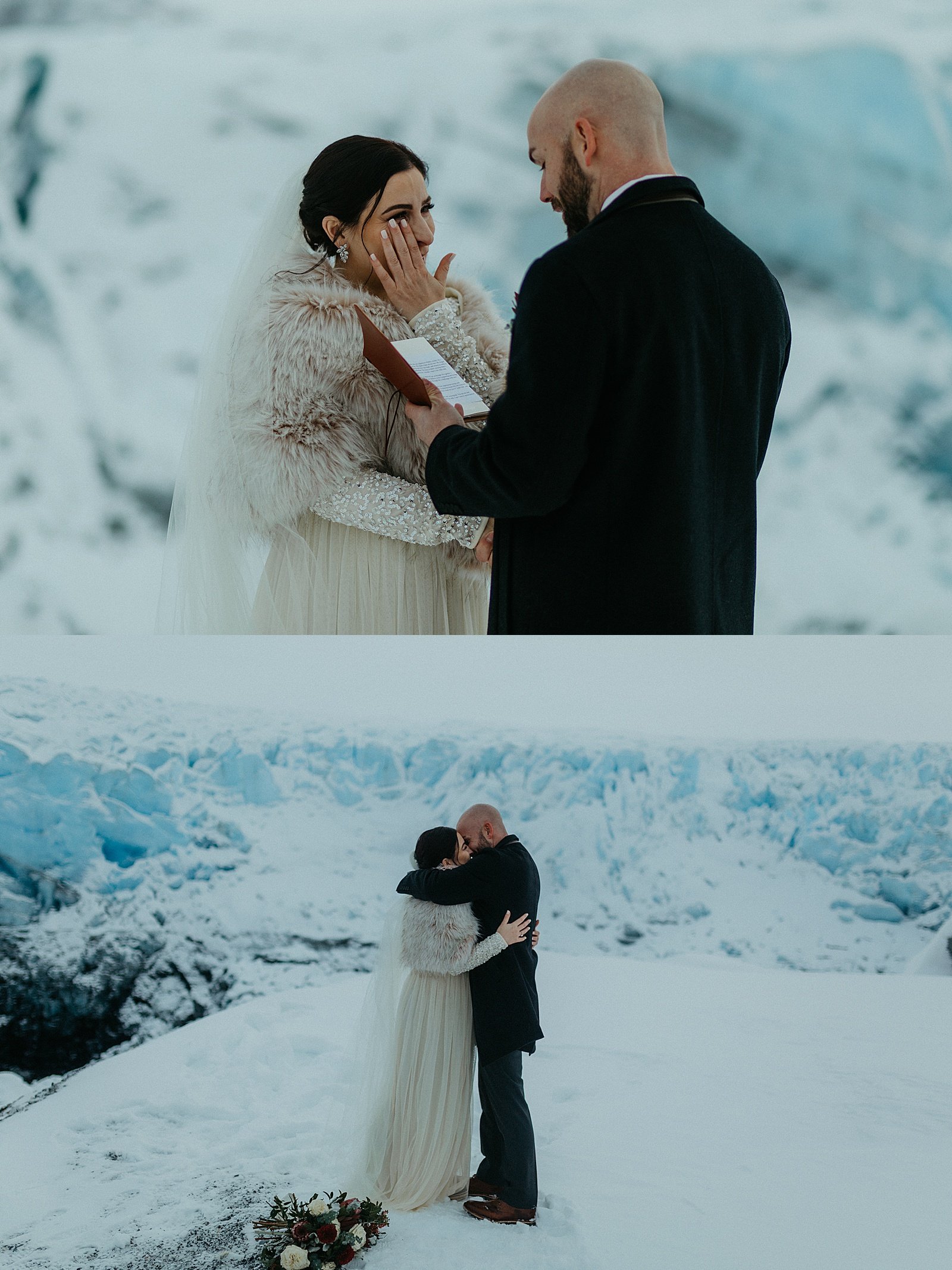  Newlyweds kissing in the snow after their intimate wedding ceremony  