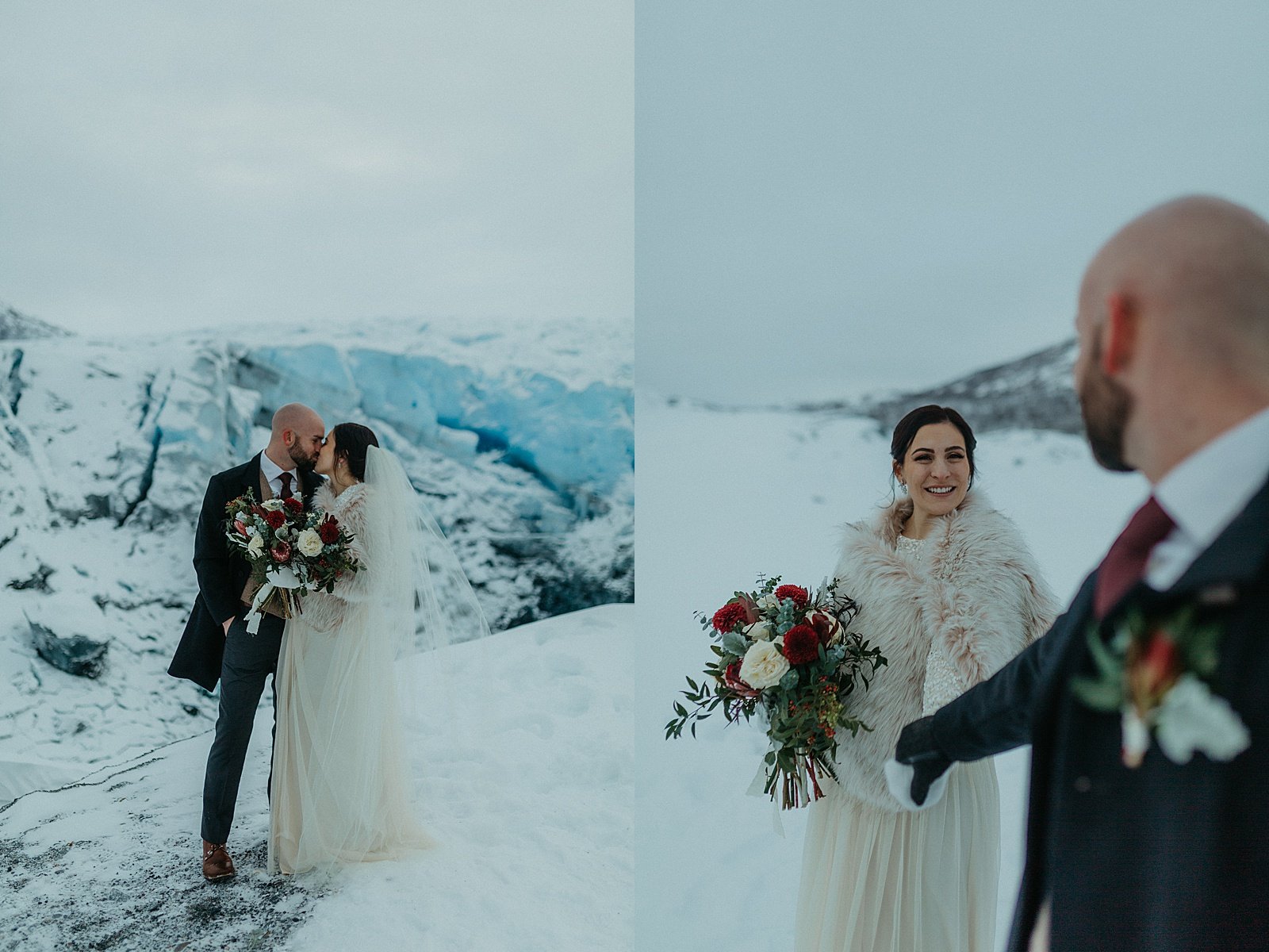  Newlyweds sharing a kiss on a snowy mountain by  Alaska wedding photographer, Rachel Struve  