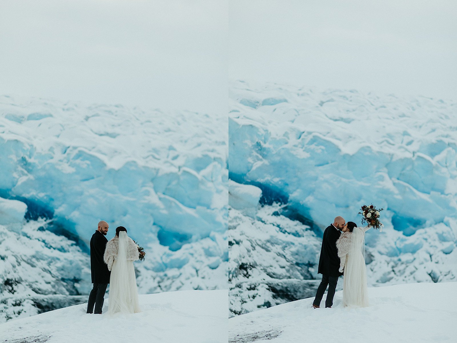  Bride and groom walking in front of icy snowscape after their glacier adventure elopement 