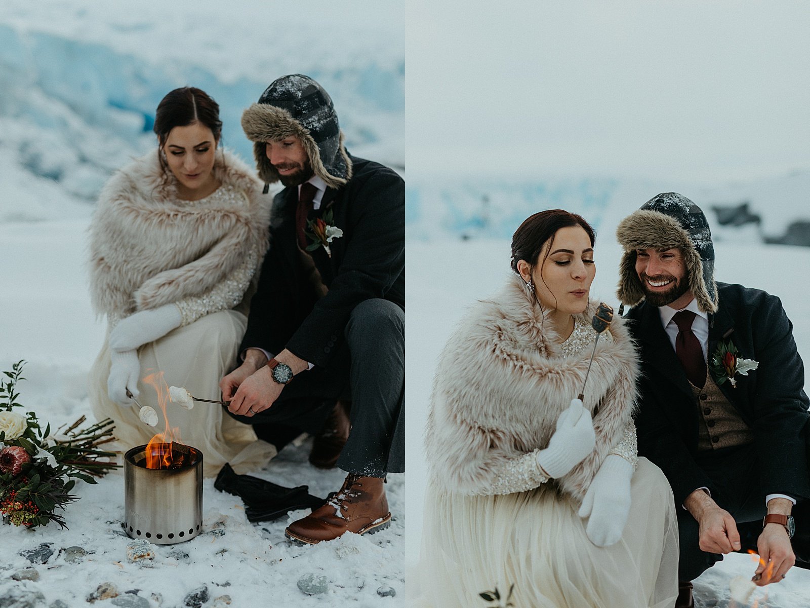  Newlyweds share a smore on a mountain after their glacier adventure elopement 