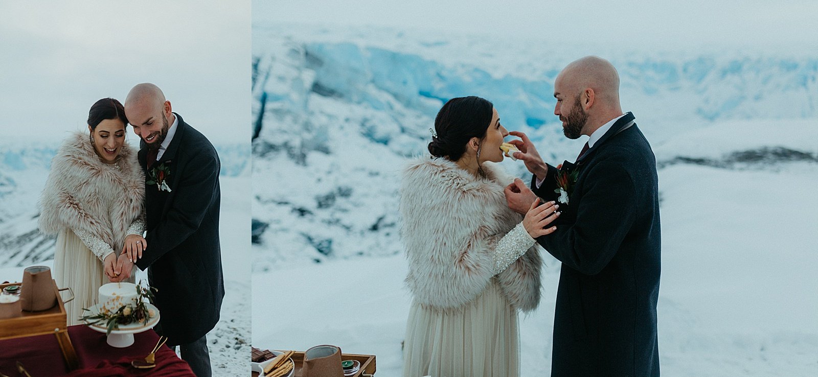  Groom feeding bride cake on a snowy mountaintop in Alaska 