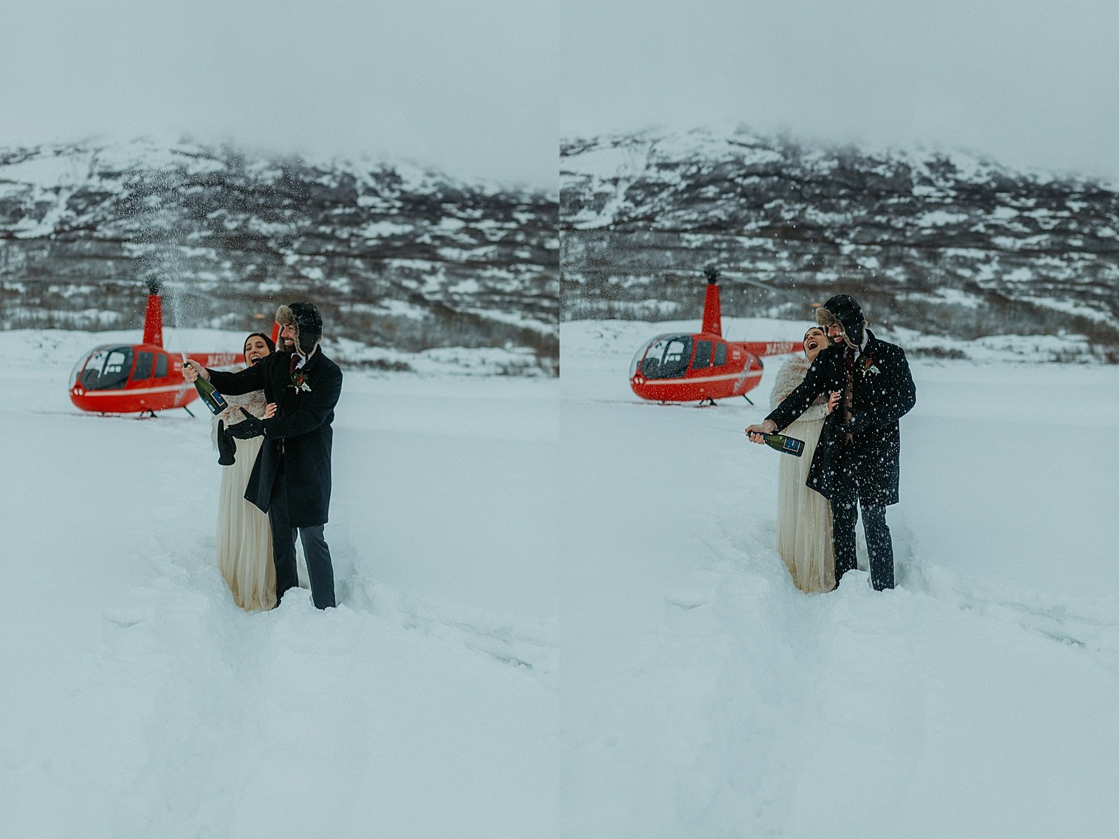  Newlyweds popping champagne on a glacier to celebrate their new marriage 