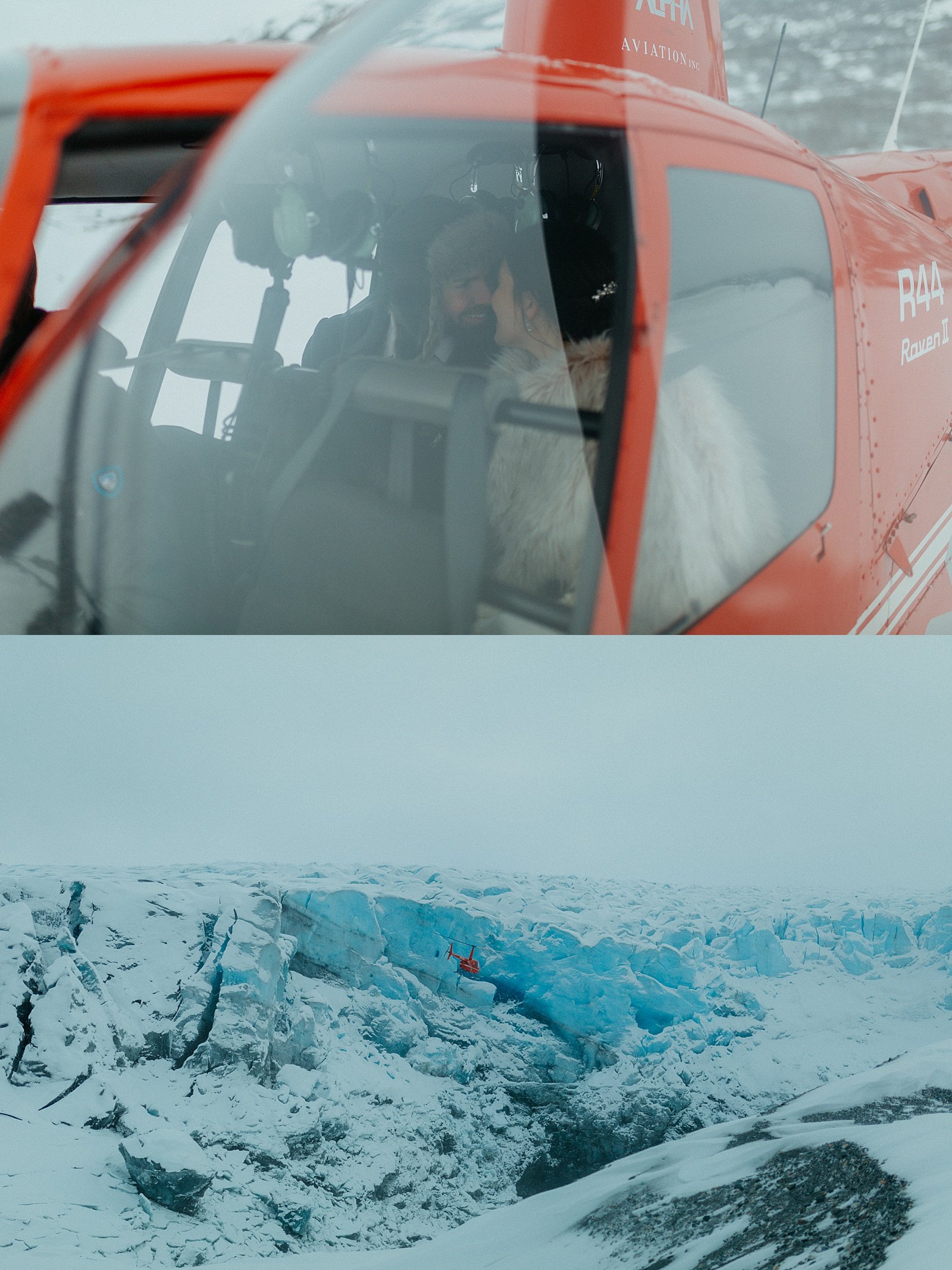  Newlyweds in a red helicopter after their glacier adventure elopement 