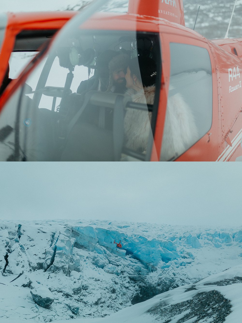  Newlyweds in a red helicopter after their glacier adventure elopement 