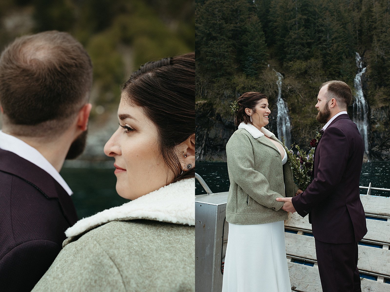  Bride in jacket and man in suit on a boat for their Seward adventure elopement 