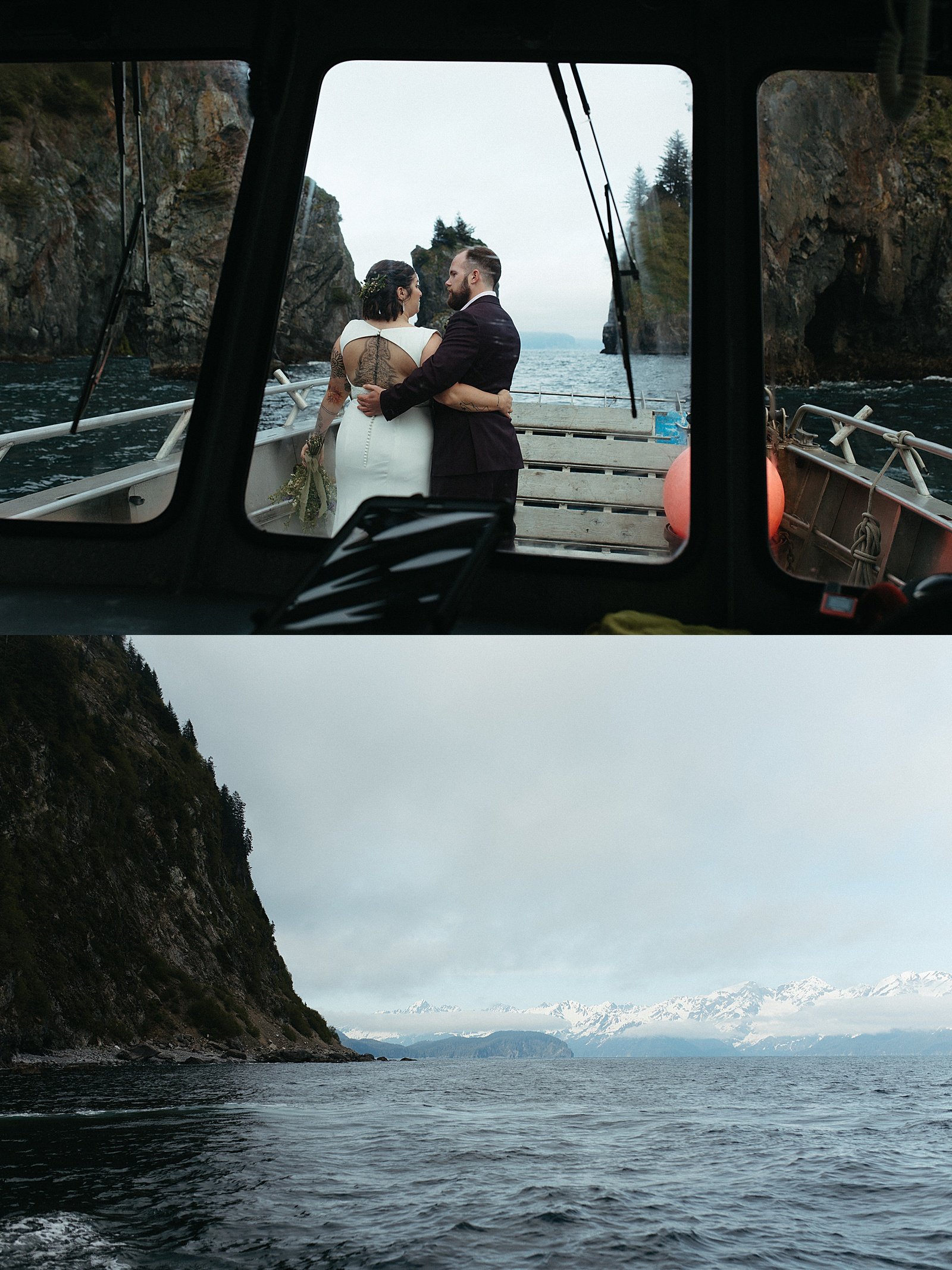  Bride and groom hugging at the front of a boat by an Alaska wedding photographer 