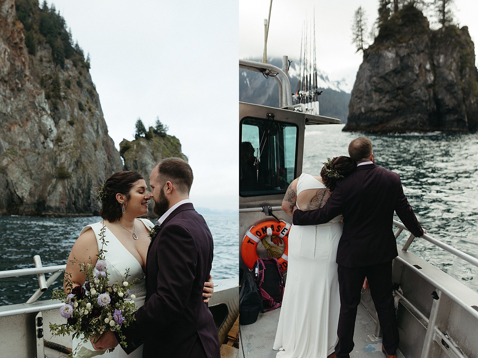  Woman and man kissing on a boat during Seward adventure elopement 