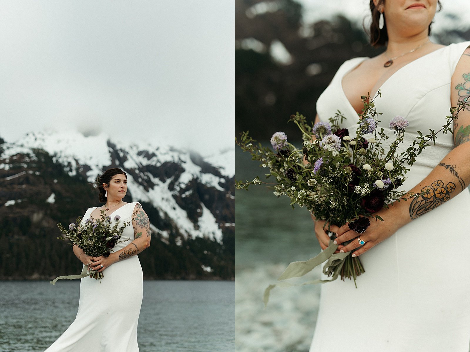  Bride standing in front of  a mountain at her Seward adventure elopement 