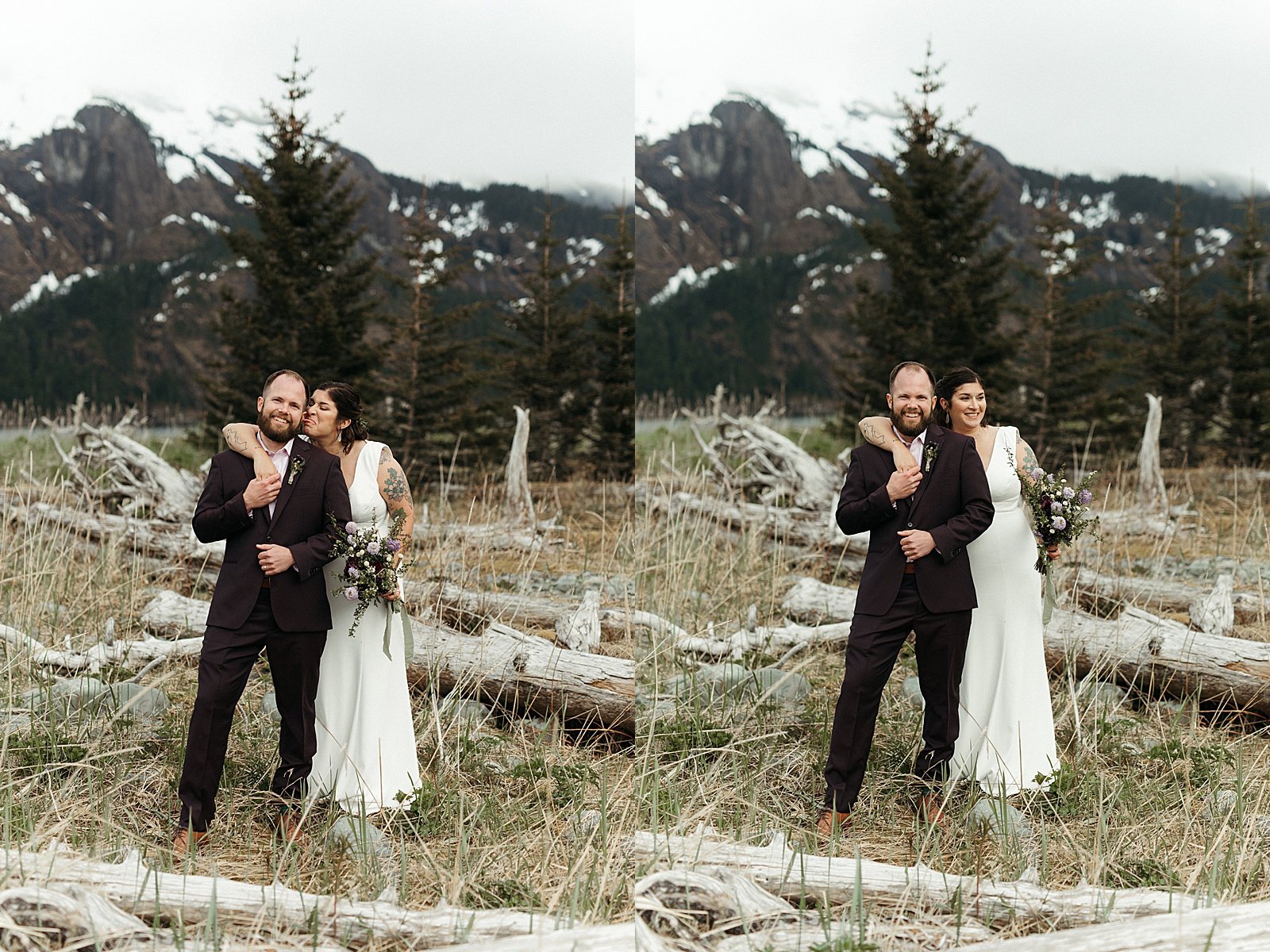  Newlyweds embracing in nature after their ceremony by an Alaska wedding photographer 