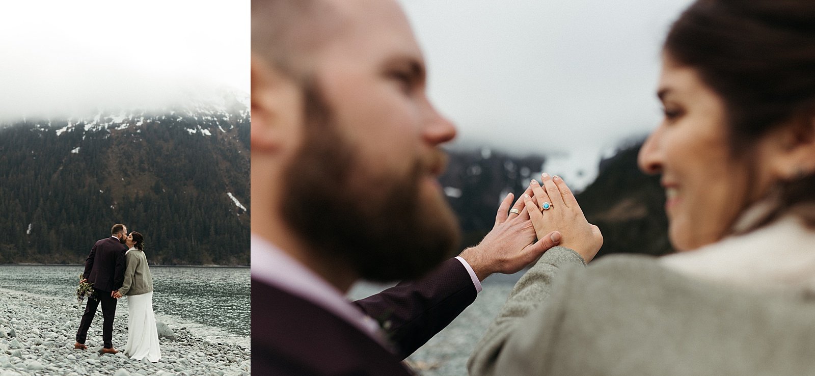  bride and groom examine their new rings together by an Alaska wedding photographer 