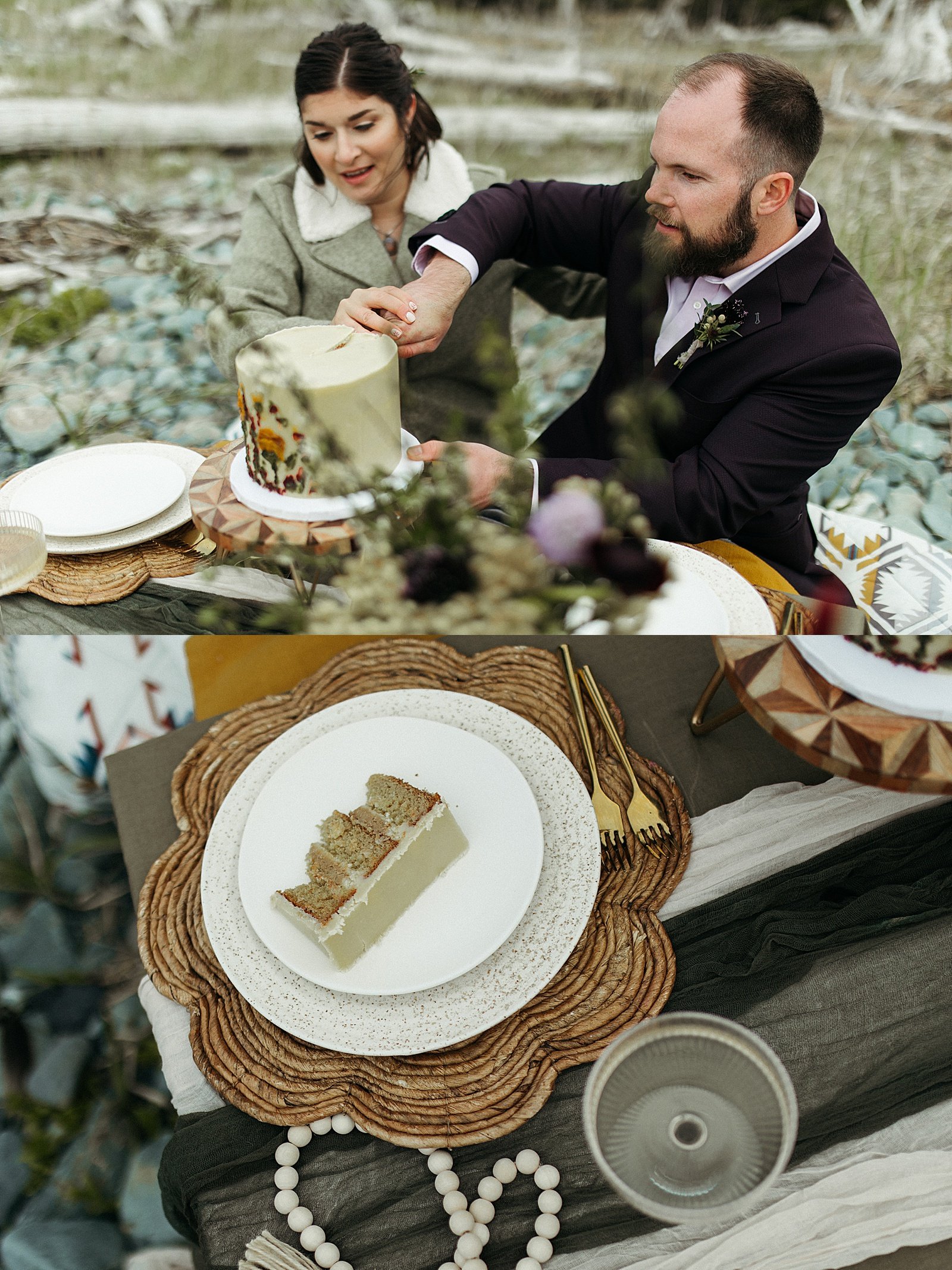  Newlyweds share a piece of cake at private picnic by an Alaska wedding photographer 