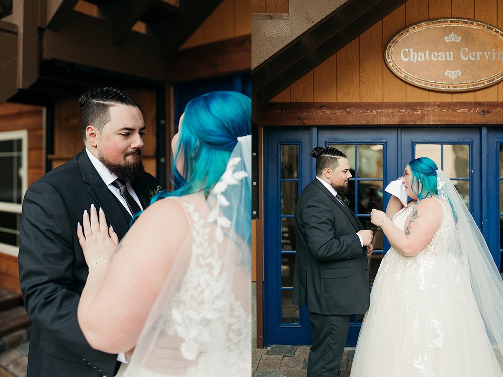  Bride and groom embracing after their first look  by Alaska Elopement Photographer 