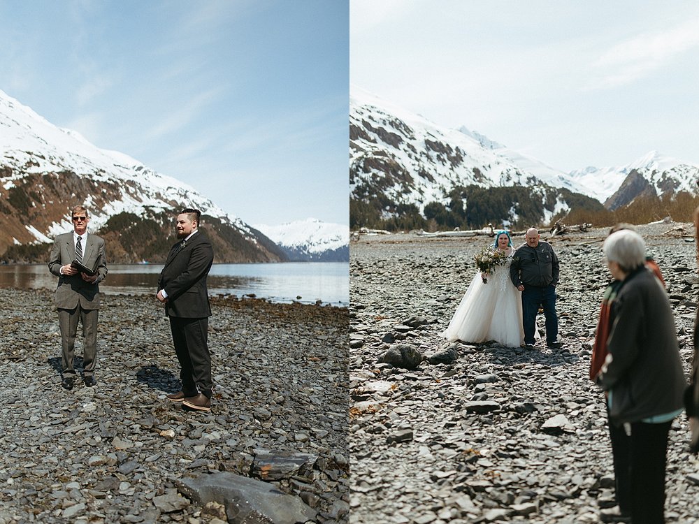  Groom standing near the water for an intimate beach elopement in Girdwood 