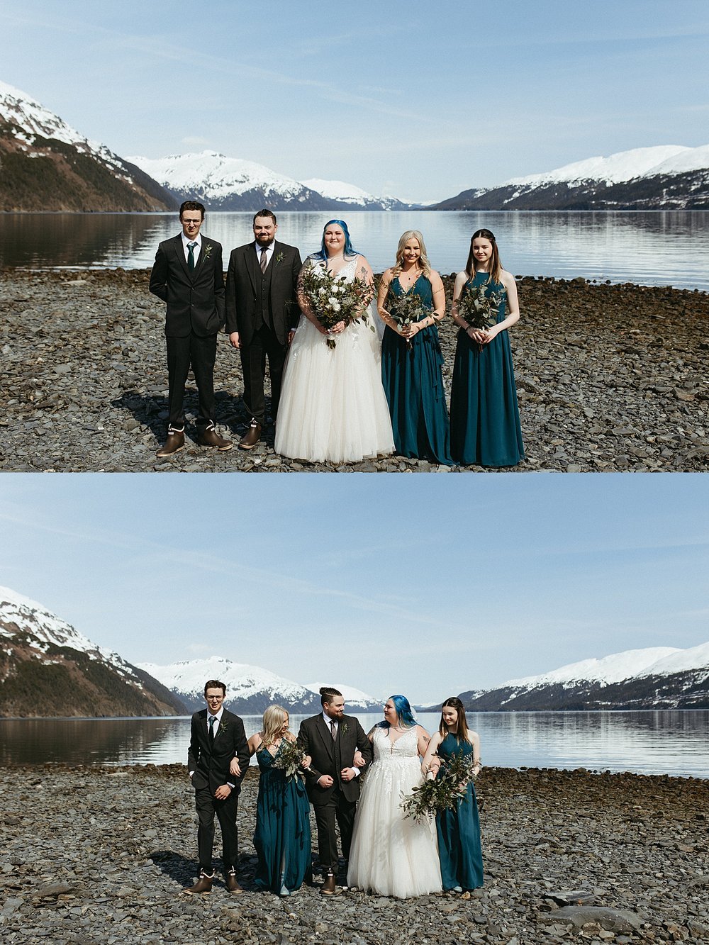  Newlyweds standing in front of the water with their wedding party by Rachel Struve Photography 