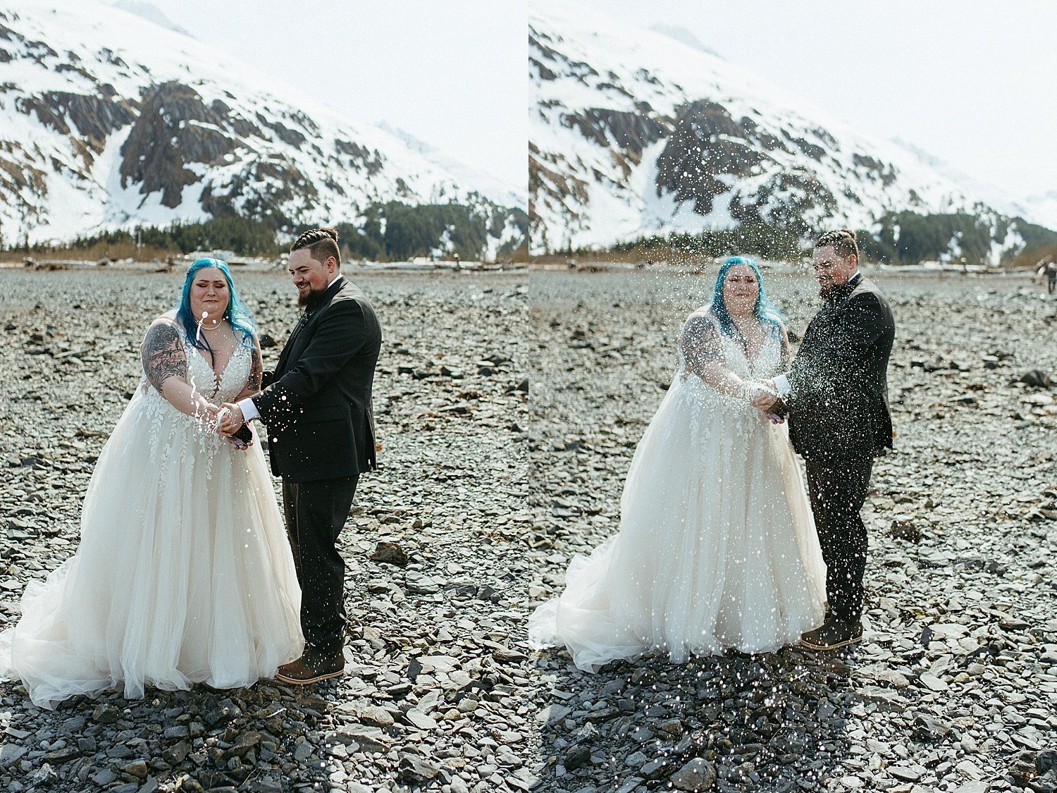  Newlyweds popping champagne after an intimate beach elopement in Girdwood 