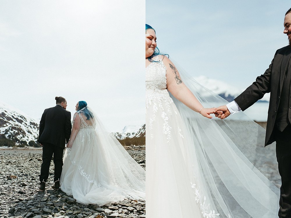  Newlyweds holding hands near the water lovingly by Alaska Elopement Photographer 