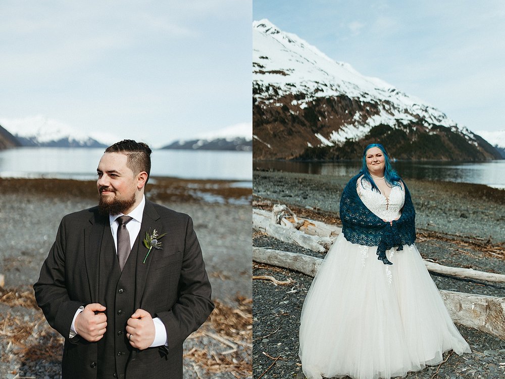  Bride and groom standing in front of mountains for an intimate beach elopement in Girdwood 