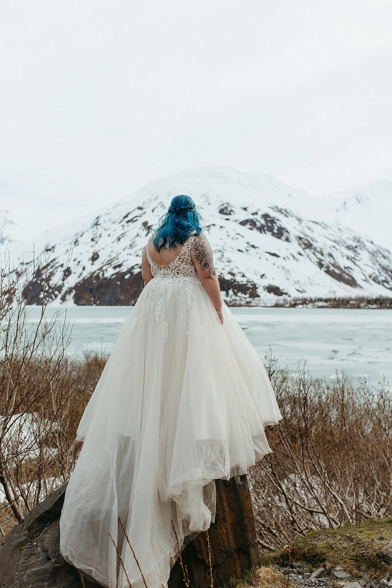  Bride standing on stump overlooking the mountains by Rachel Struve Photography 