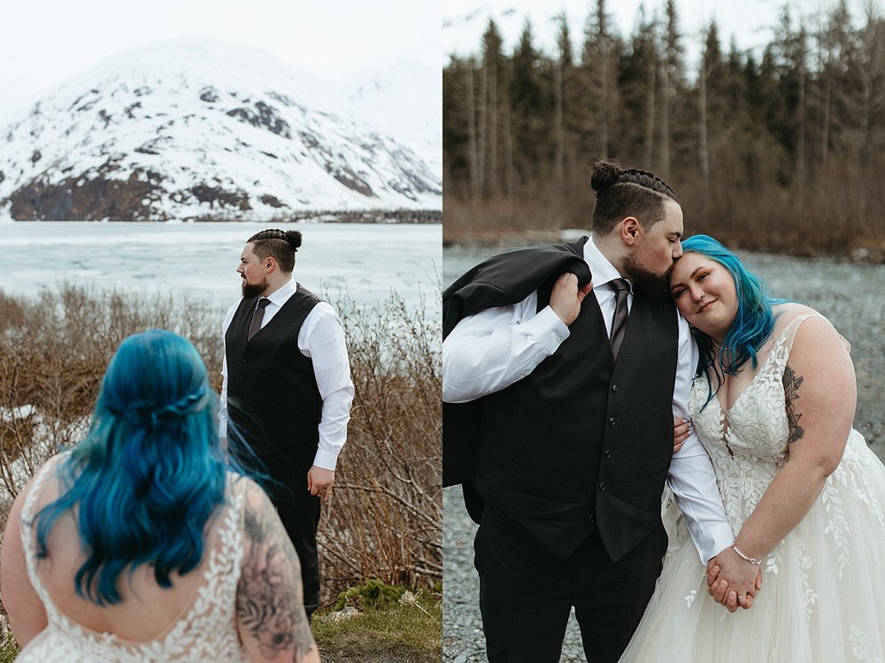  Groom kissing bride after ceremony for an intimate beach elopement in Girdwood 