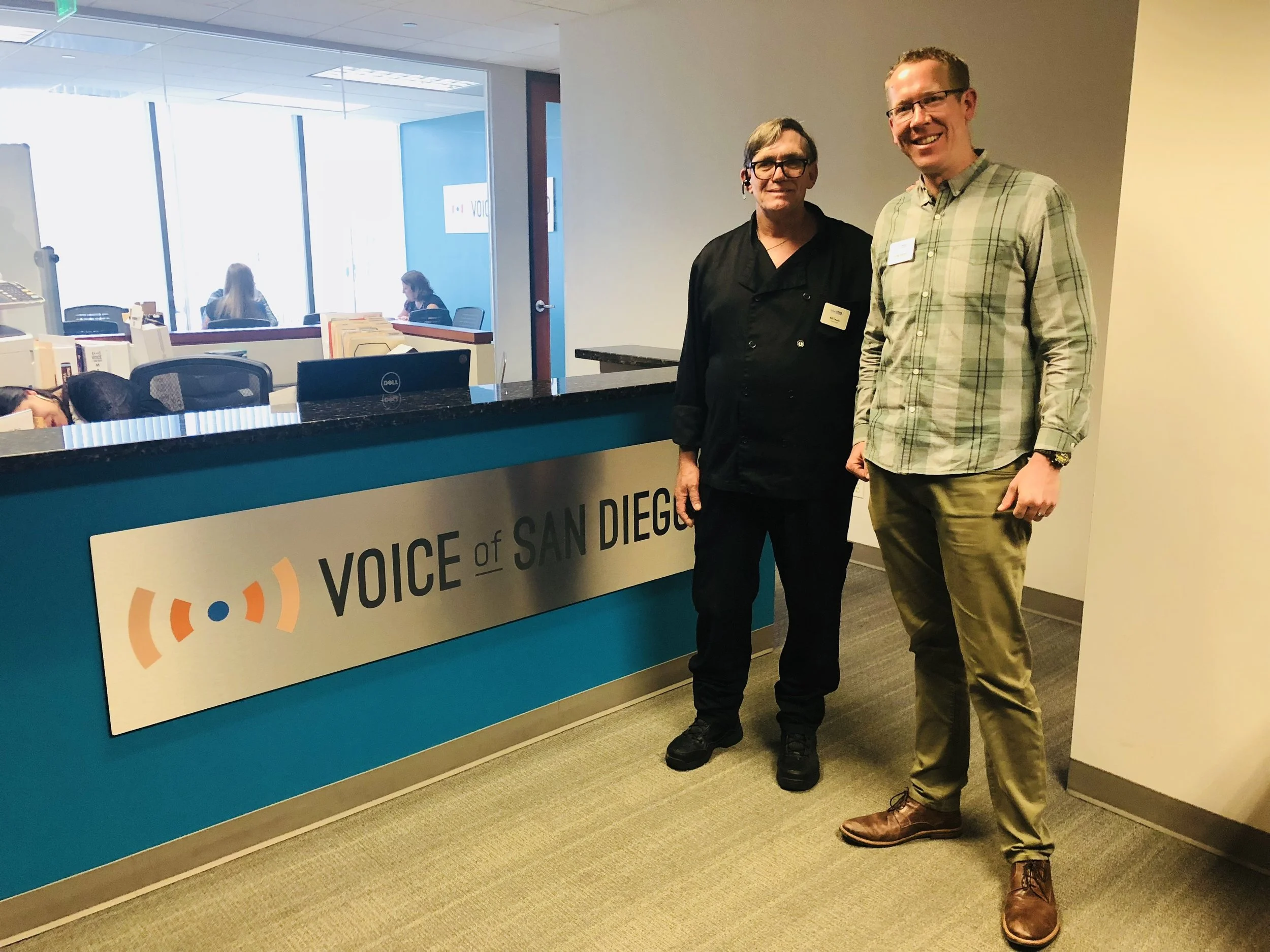 Bill, Interfaith Head Chef (left) joins Greg Anglea, Interfaith CEO (right) at the Voice of San Diego recording studio.