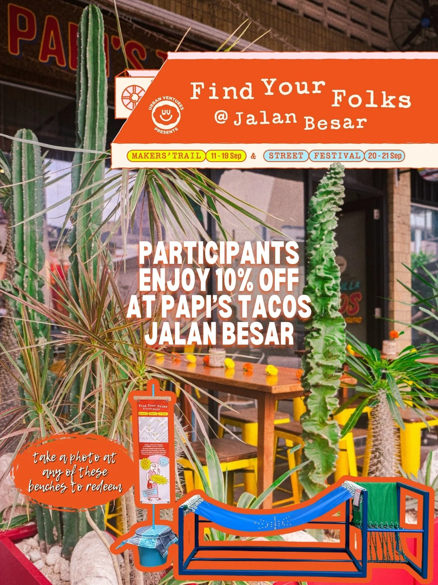 Bench &rarr; Snap &rarr; Snack. 🌮⚡️
Spot one of the Makers&rsquo; Trail benches during Find Your Folks @ Jalan Besar, take a pic, show it at Papi&rsquo;s Tacos &mdash; Jalan Besar, and enjoy 10% OFF your bill, 11&ndash;19 Sep. 📸🪑

What&rsquo;s &ld