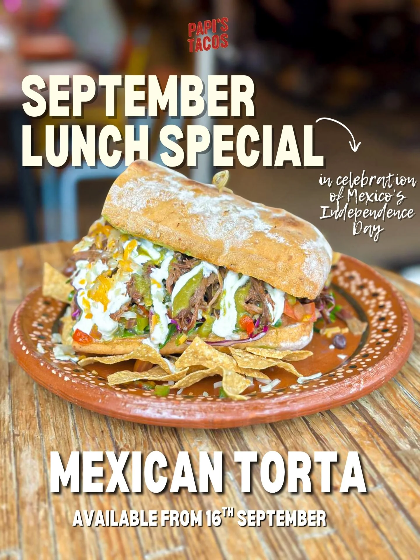🌮✨ Viva la Torta! ✨🇲🇽

This Mexican Independence Day, we&rsquo;re rolling out a Lunch Special across all Papi&rsquo;s outlets: the Mexican Torta&mdash;Mexico&rsquo;s iconic sandwich. 🥪

👉 What&rsquo;s a torta? In Mexico, it&rsquo;s not cake&mdas