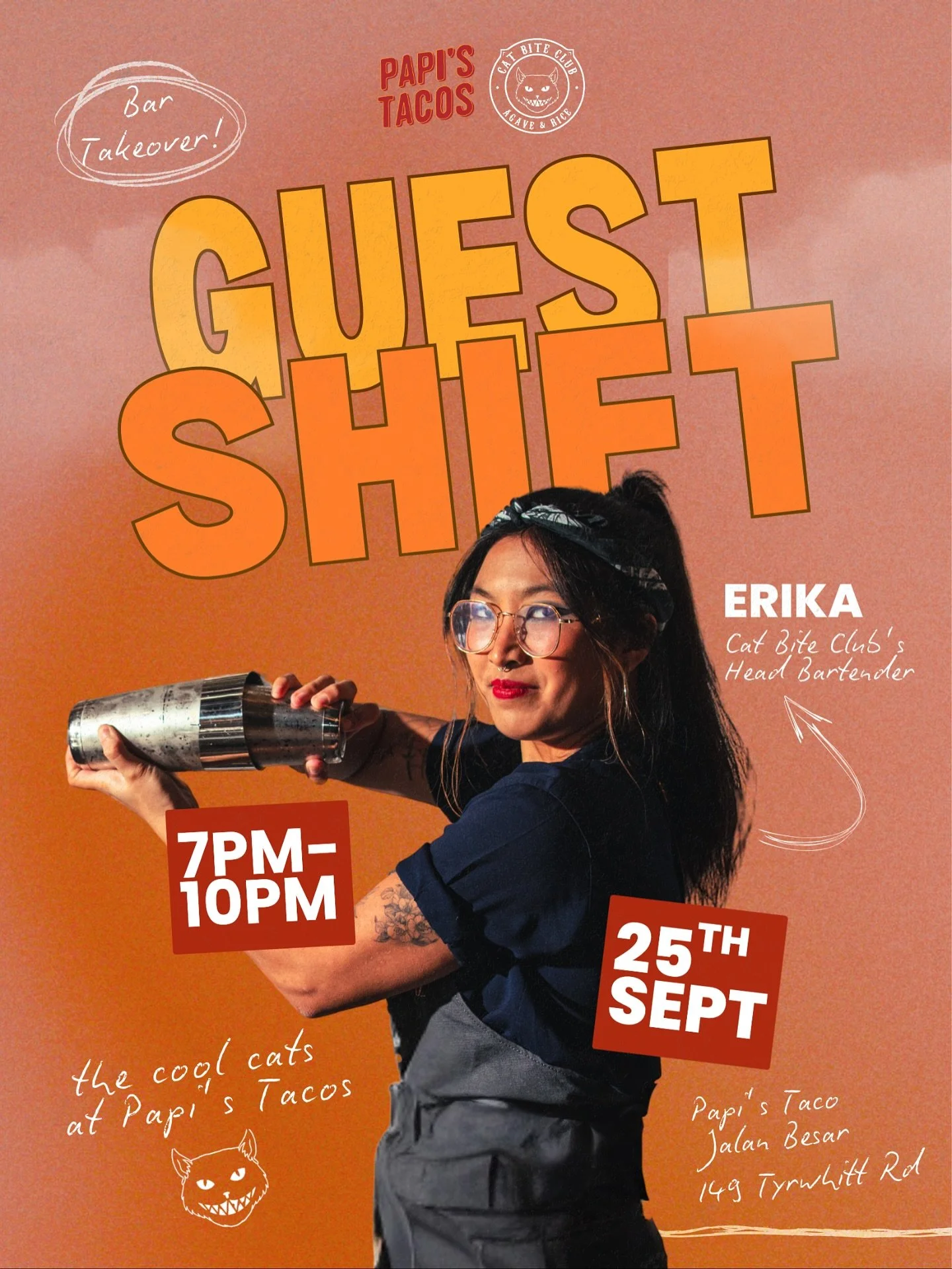 CAT BITE CLUB IS TAKING OVER PAPI&rsquo;S TACOS JALAN BESAR! 😼🌮

This Thu, 25 Sept (7pm), Head Bartender Erika Danielle slides behind our bar at Papi&rsquo;s Tacos &mdash; Jalan Besar for a one-night guest shift.

We&rsquo;re talking bold flavour, 
