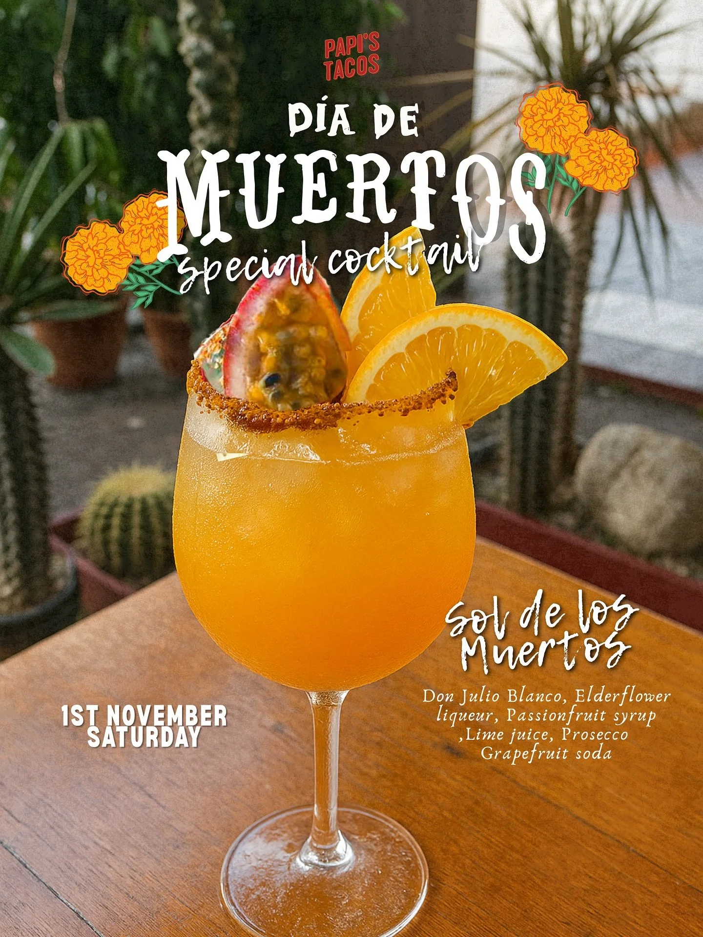 ✨💀 Introducing &ldquo;Sol de los Muertos&rdquo; &mdash; our cocktail for the souls. 🌼🍸
A bright, lively mix of Don Julio Blanco, elderflower liqueur, passionfruit syrup, lime juice, prosecco &amp; grapefruit soda &mdash; a toast to life, memory, a