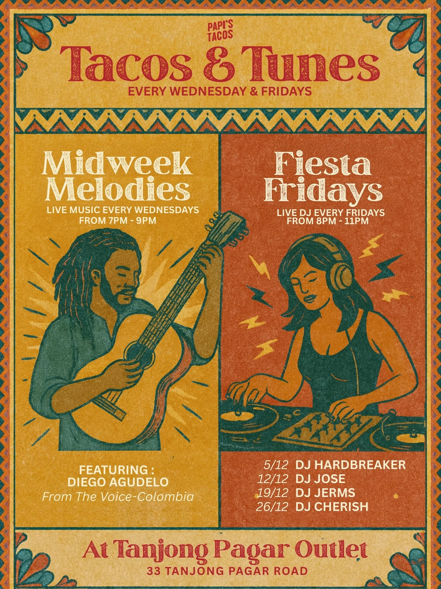 Your nights at Papi&rsquo;s Tanjong Pagar just leveled up.
Introducing Midweek Melodies &amp; Fiesta Fridays &mdash; two weekly music nights, one iconic taquer&iacute;a. 🌮✨

MIDWEEK MELODIES &mdash; Wednesdays
Live music by Diego Agudelo &mdash; Col
