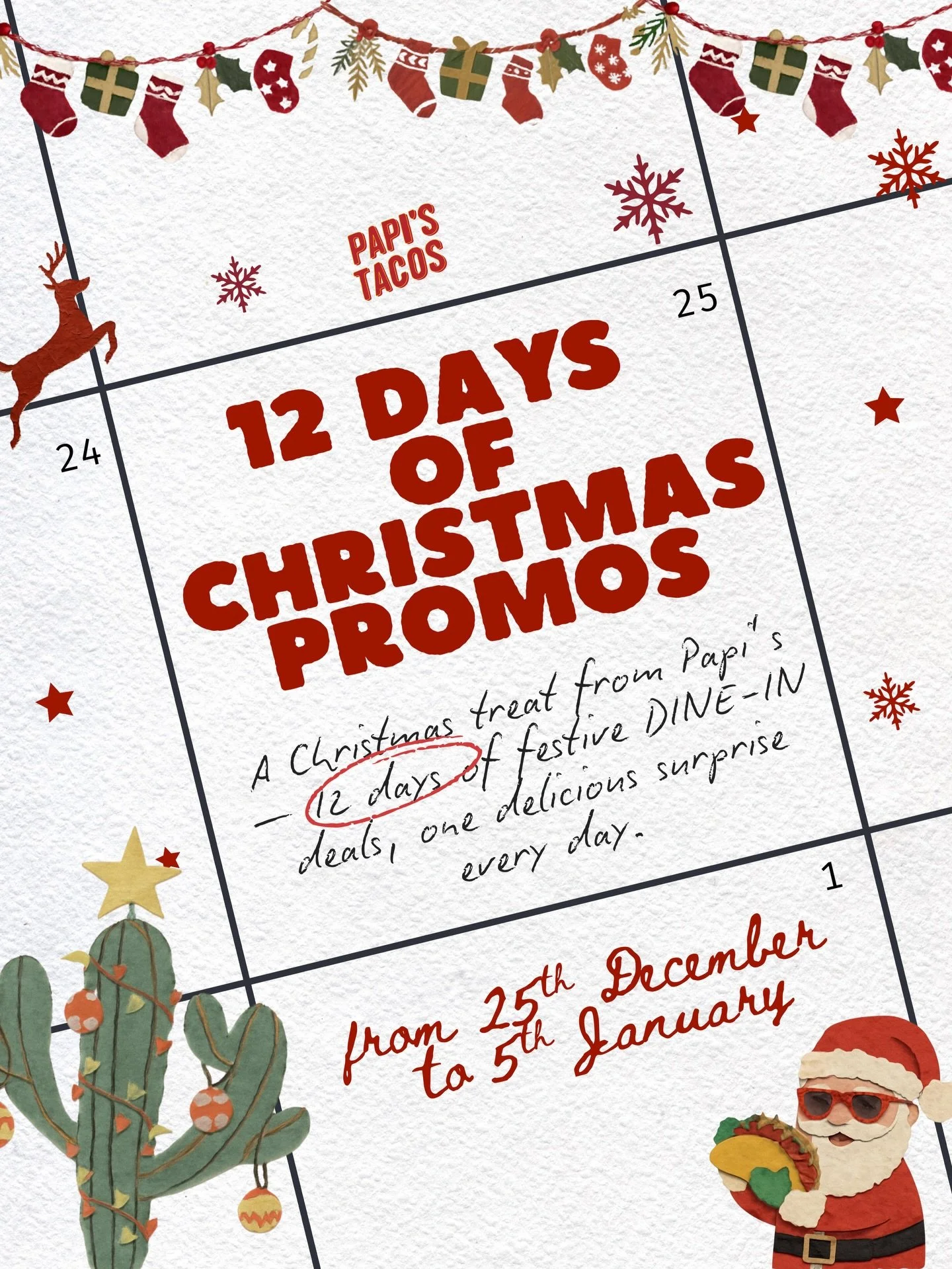 🎄🌮 Christmas is just around the corner and we&rsquo;ve got back-to-back fiestas coming your way!
To celebrate the season, Papi&rsquo;s Tacos is rolling out 12 DAYS OF CHRISTMAS &mdash; that&rsquo;s 12 days of tacos, margaritas, freebies, and festiv
