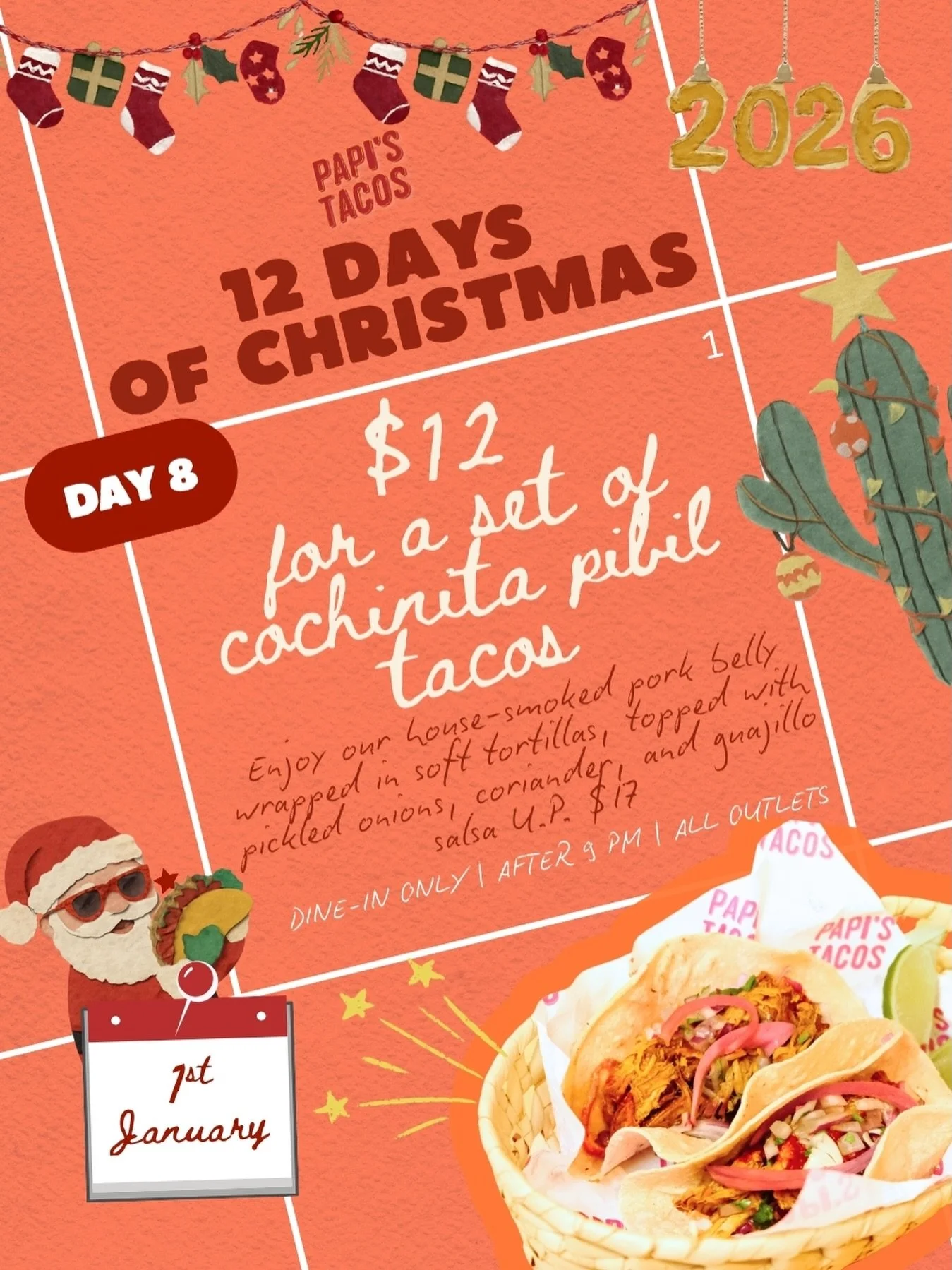 🤤🎆🌮 Tomorrow, we&rsquo;re starting the New Year the delicious way.

For Day 8 of our 12 Days of Christmas, sink your teeth into our Tacos de Cochinita Pibil &mdash;
house-smoked pork belly, tender and juicy, topped with tangy pickled onions, fresh