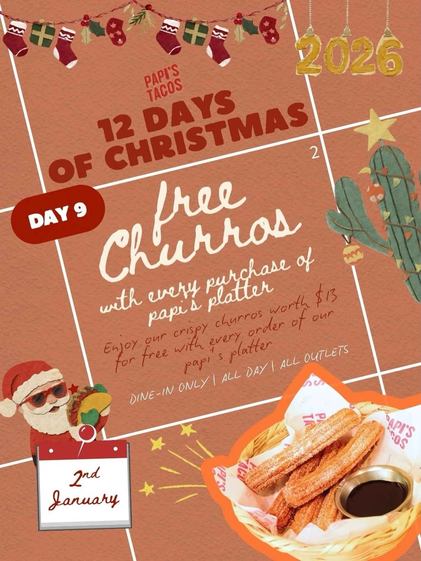 🍩🎄 Day 9 of our 12 Days of Christmas is all about ending on a sweet note.

Tomorrow, 2nd January, order our Papi&rsquo;s Platter and enjoy FREE churros worth $13 &mdash; golden, crispy, dusted with cinnamon sugar, and perfect for sharing (or not 😉