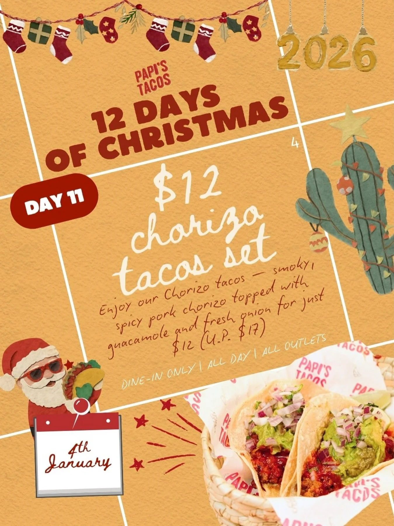 🎄🌮 We&rsquo;re almost at the end&hellip; tomorrow is Day 11.

Enjoy our Tacos de Chorizo &mdash; grilled spicy pork chorizo with guacamole and guajillo salsa &mdash; for $12 tomorrow only (U.P. $17).

📅 Second-last day | Dine-in only
One more fest