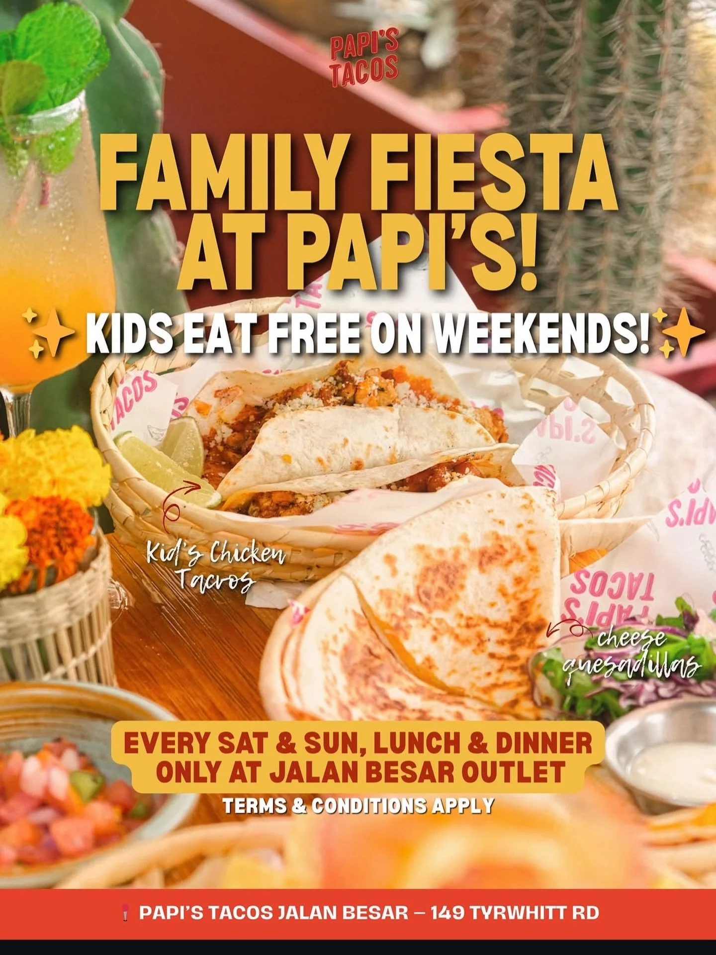 👧🏼Happy Friday, amigos! 🌮✨
Quick weekend reminder: Kids Eat Free at Papi&rsquo;s Jalan Besar every Saturday &amp; Sunday &mdash; bring the little ones and make it a family taco fiesta. 👨&zwj;👩&zwj;👧&zwj;👦🎉

Treat yourself to tacos and margari