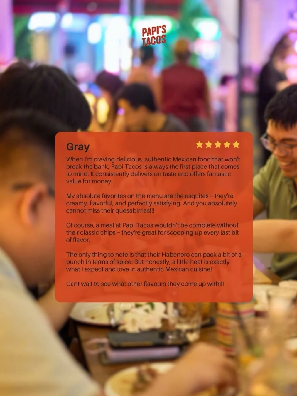 From the bottom of our hearts &mdash; thank you, amigos. ⭐️⭐️⭐️⭐️⭐️

Every time you leave a review, it genuinely means the world to us. Not just because it makes us smile (it does 😭❤️), but because it helps more people discover Papi&rsquo;s, and it 