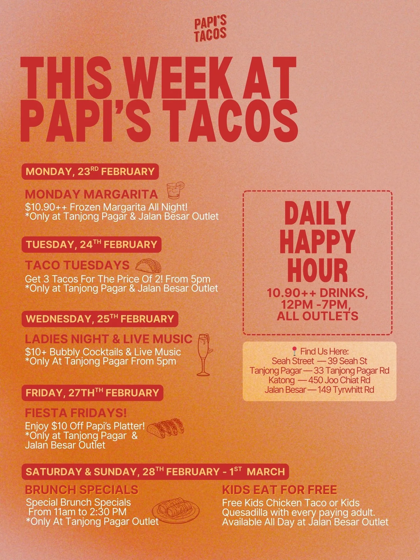It&rsquo;s a brand new week&hellip; and you know what that means 👀🌮

Here&rsquo;s what&rsquo;s happening at Papi&rsquo;s Tacos this week 🔥

🍸 Monday Margarita &mdash; $10.90++ Frozen Margaritas all night
📍 Only at Tanjong Pagar &amp; Jalan Besar