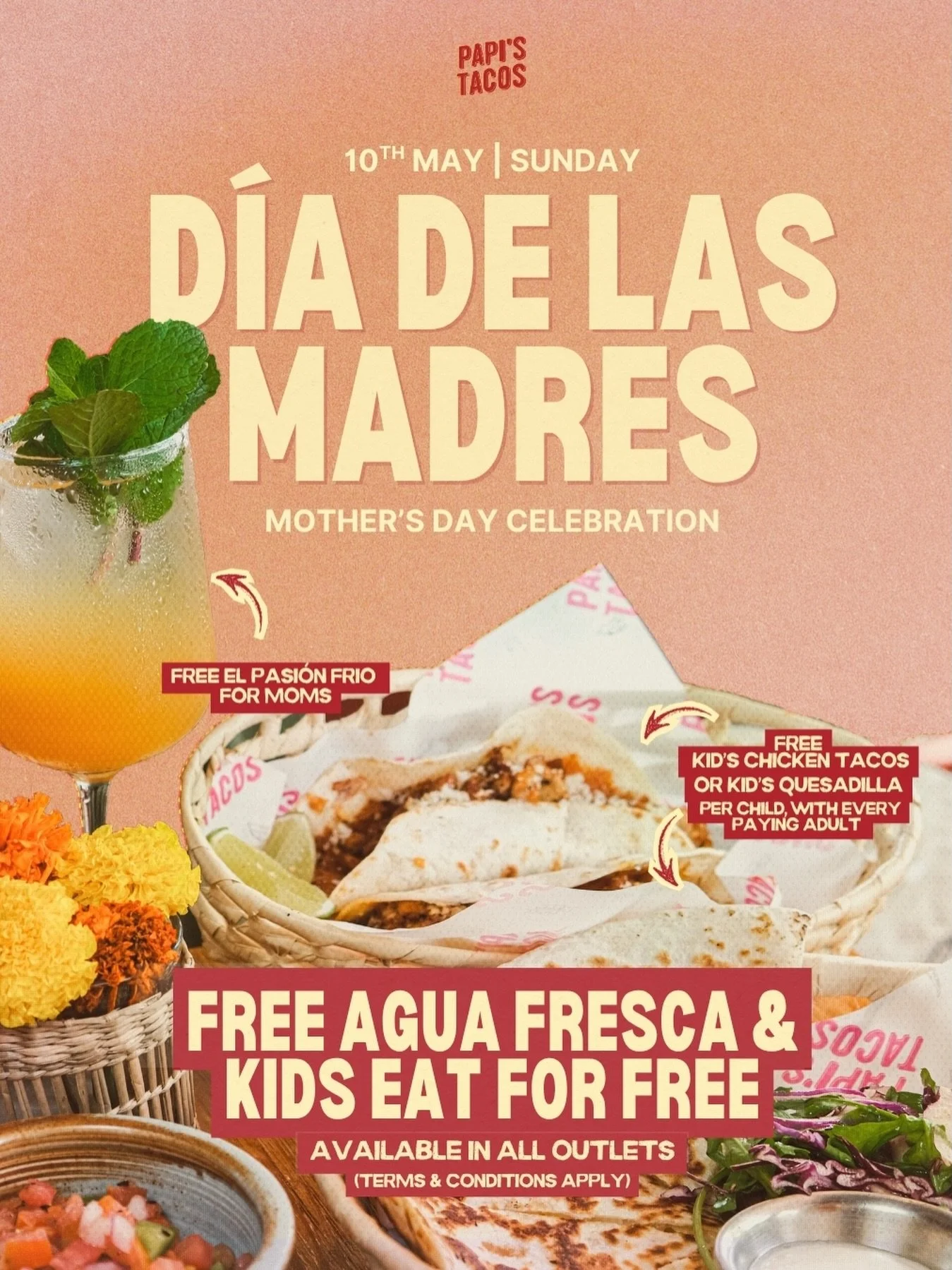 MOMS, THIS ONE&rsquo;S FOR YOU ❤️🌮 

This Sunday, celebrate Mother&rsquo;s Day the Papi&rsquo;s way &mdash; good food, family time, and a little something special for all the mums out there ✨ 

🥤 FREE Agua Fresca for all moms 
🌮 Kids Eat FREE 
(1 