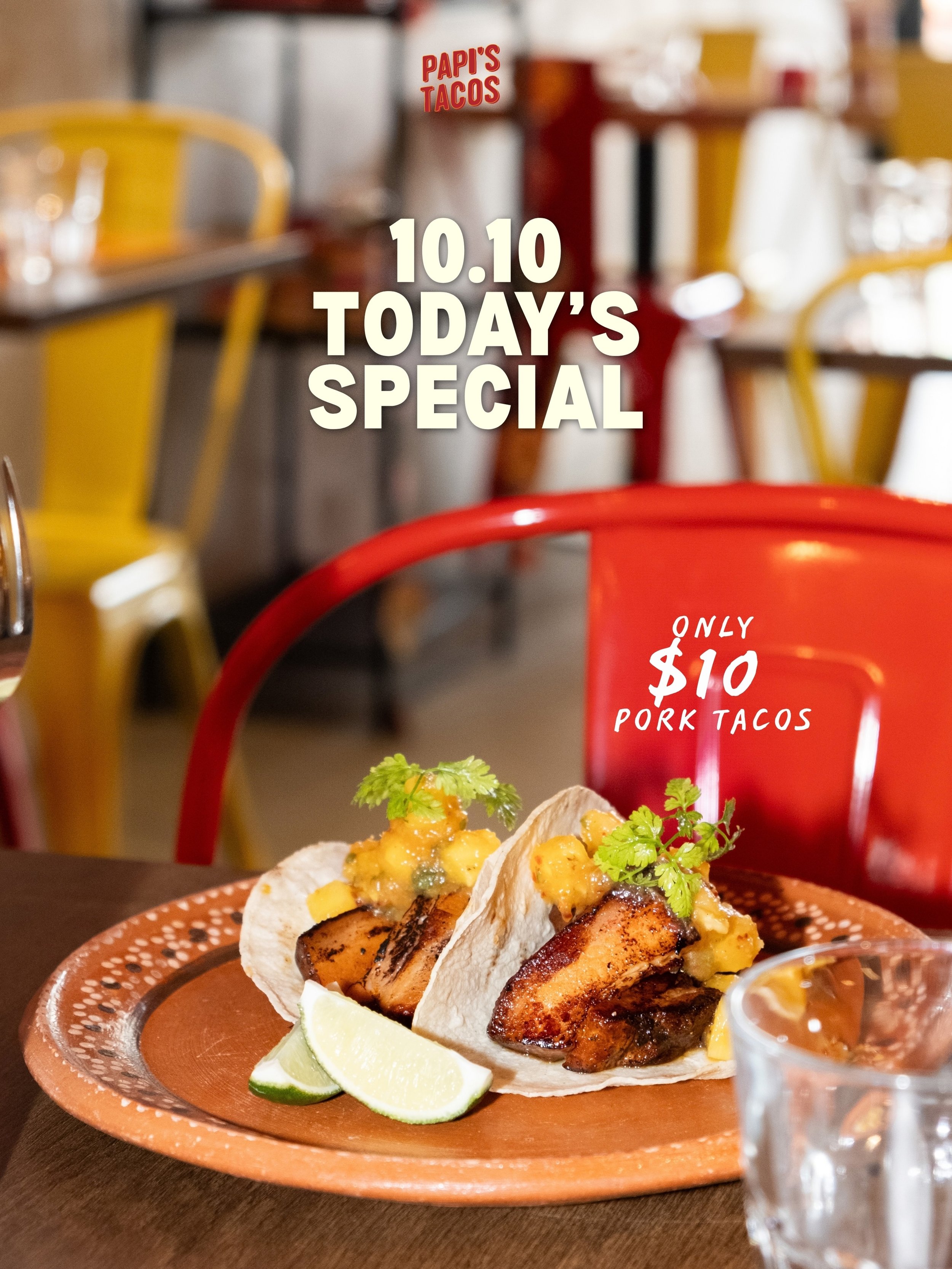🏎️🌮 A LITTLE REMINDER: OUR 10.10 TACO PROMO IS HAPPENING TODAY! 🔥

It&rsquo;s 10/10, and we&rsquo;re making it extra delicious with our Tacos de Panza for just $10 (usual price $17)! 🤤

Enjoy our delicious charred pork belly glazed with tamarind 