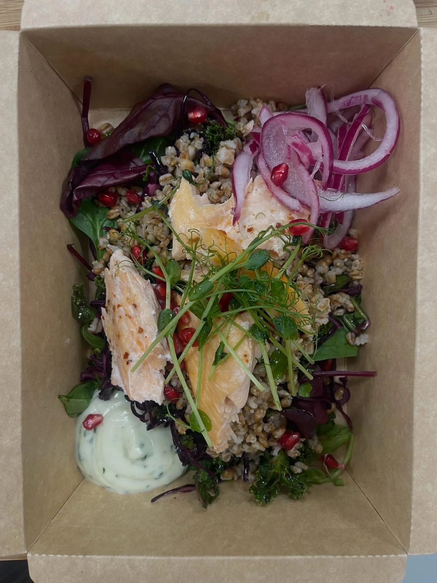 25 s&auml;songens sallad redo f&ouml;r leverans. Apelsin- och balsamvin&auml;gerkramad gr&ouml;nk&aring;l och r&ouml;dk&aring;l, matvete, picklad r&ouml;dl&ouml;k, granat&auml;pple och &ouml;rtcr&egrave;me med persilja och apelsin. Dagen till &auml;r