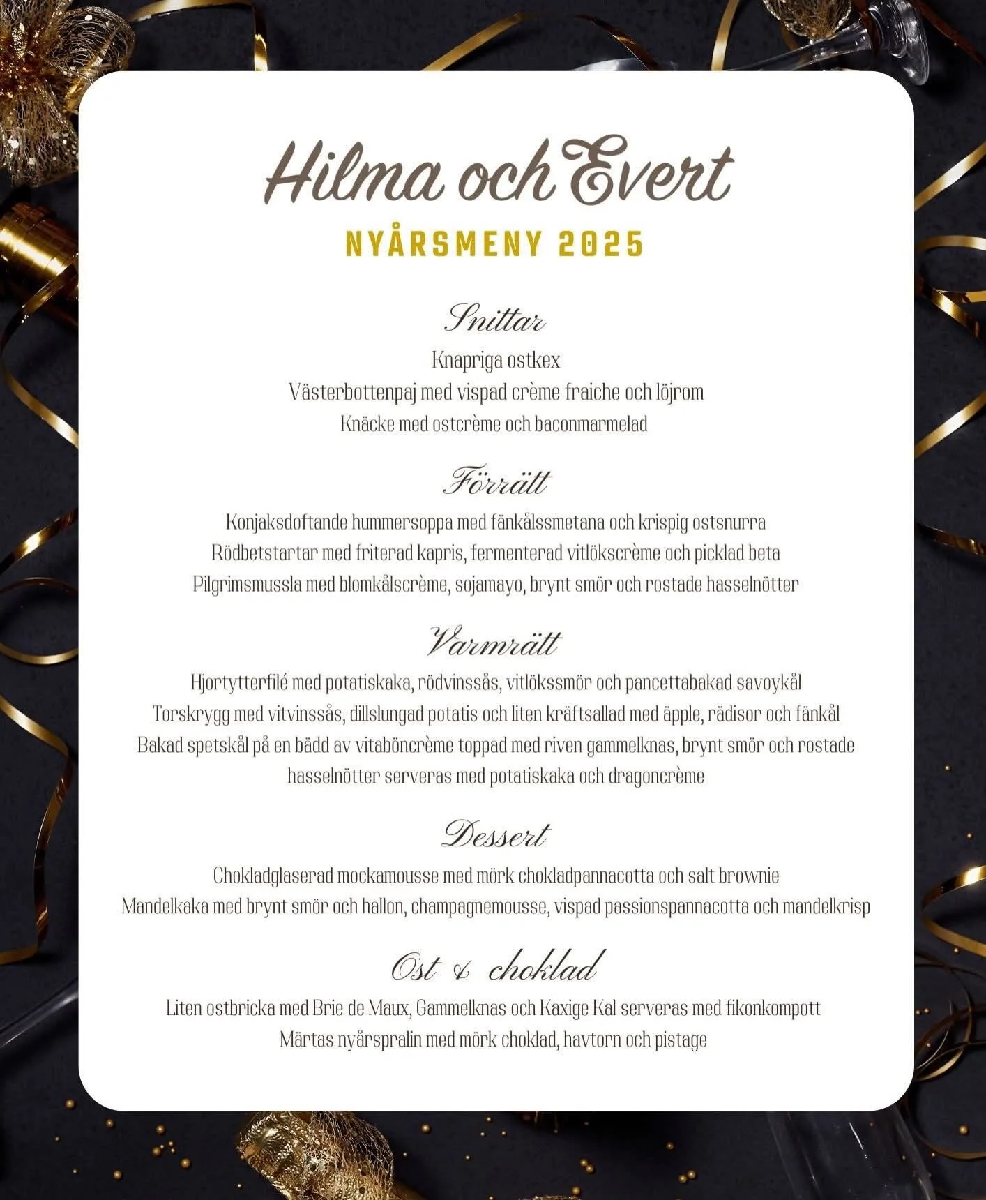 Ny&aring;r n&auml;rmar sig med stormsteg och &auml;n finns tid att best&auml;lla v&aring;r ny&aring;rskasse. V&auml;lj antal r&auml;tter, ange ev. specialkost och best&auml;m slutligen om du vill h&auml;mta maten hos oss i Tollered eller f&aring; den