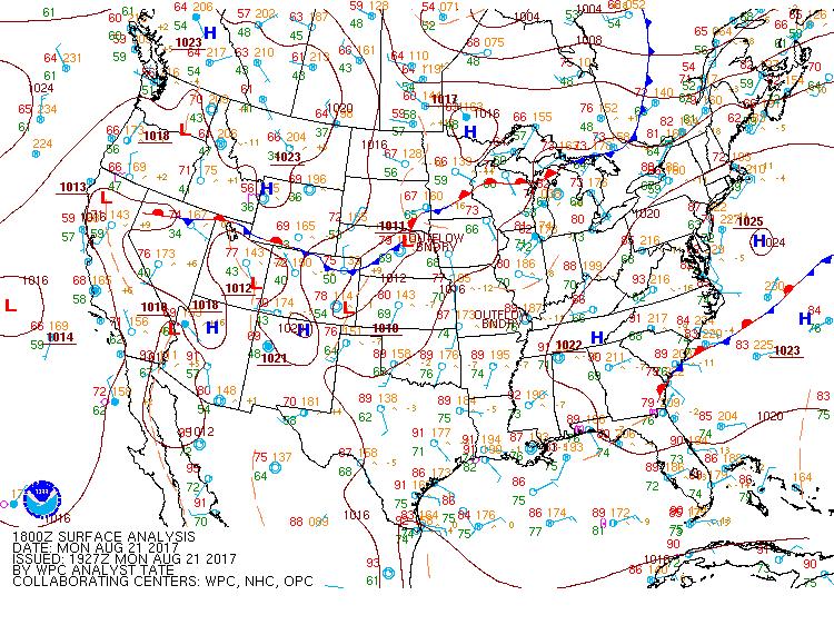 Snapshot of frontal boundaries and pressure systems at 18 UTC (1pm Eastern Daylight Time). Source: NOAA’s Weather Prediction Center.