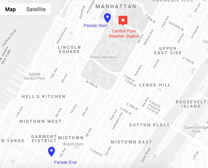 Location of parade start and finish (blue), co-located with the location of the Central Park Weather Station (Red)