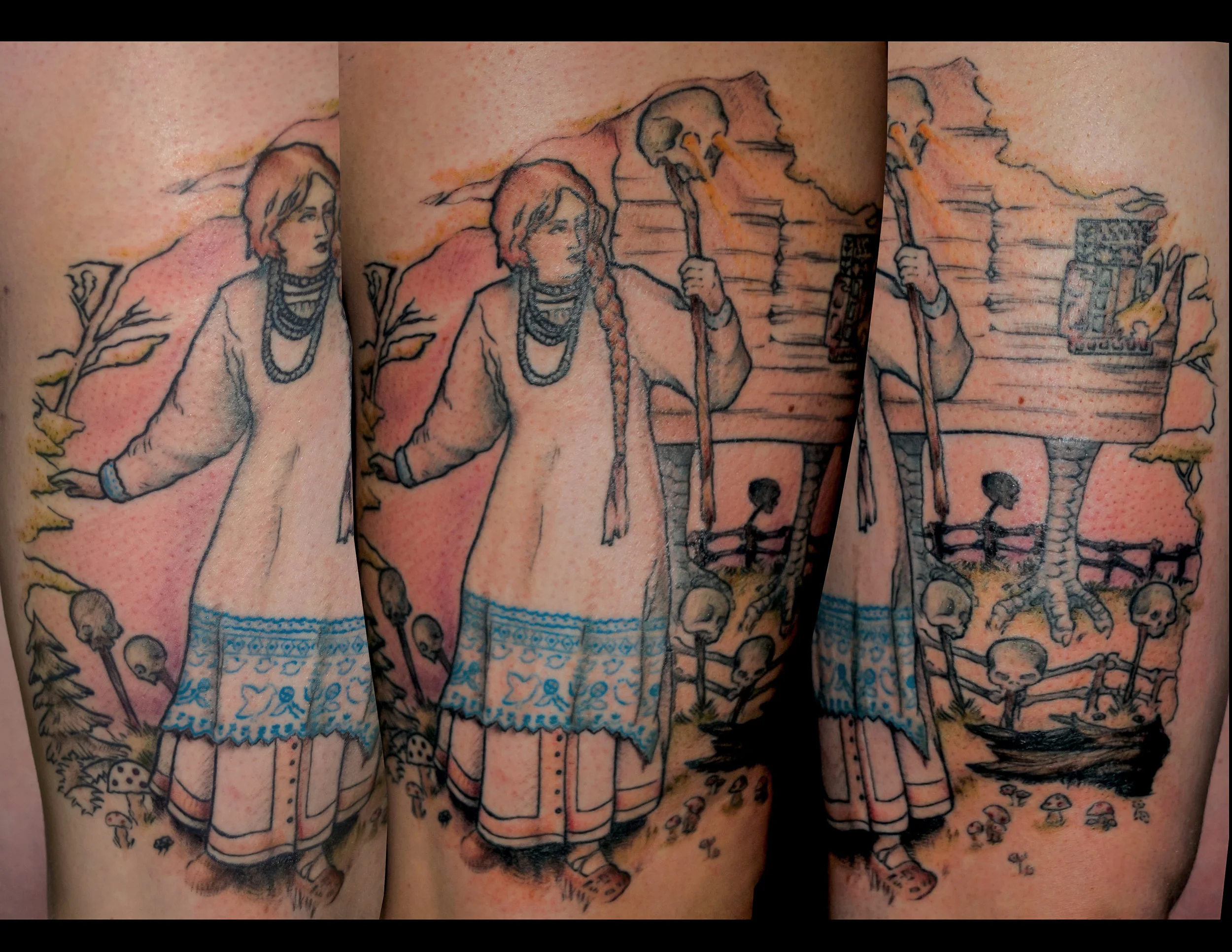 Based on the story of Baba Yaga covering up a stick and poke in the background of the illustrated design. The story of a girl stealing the light from Baba Yaga's house. After cover up.