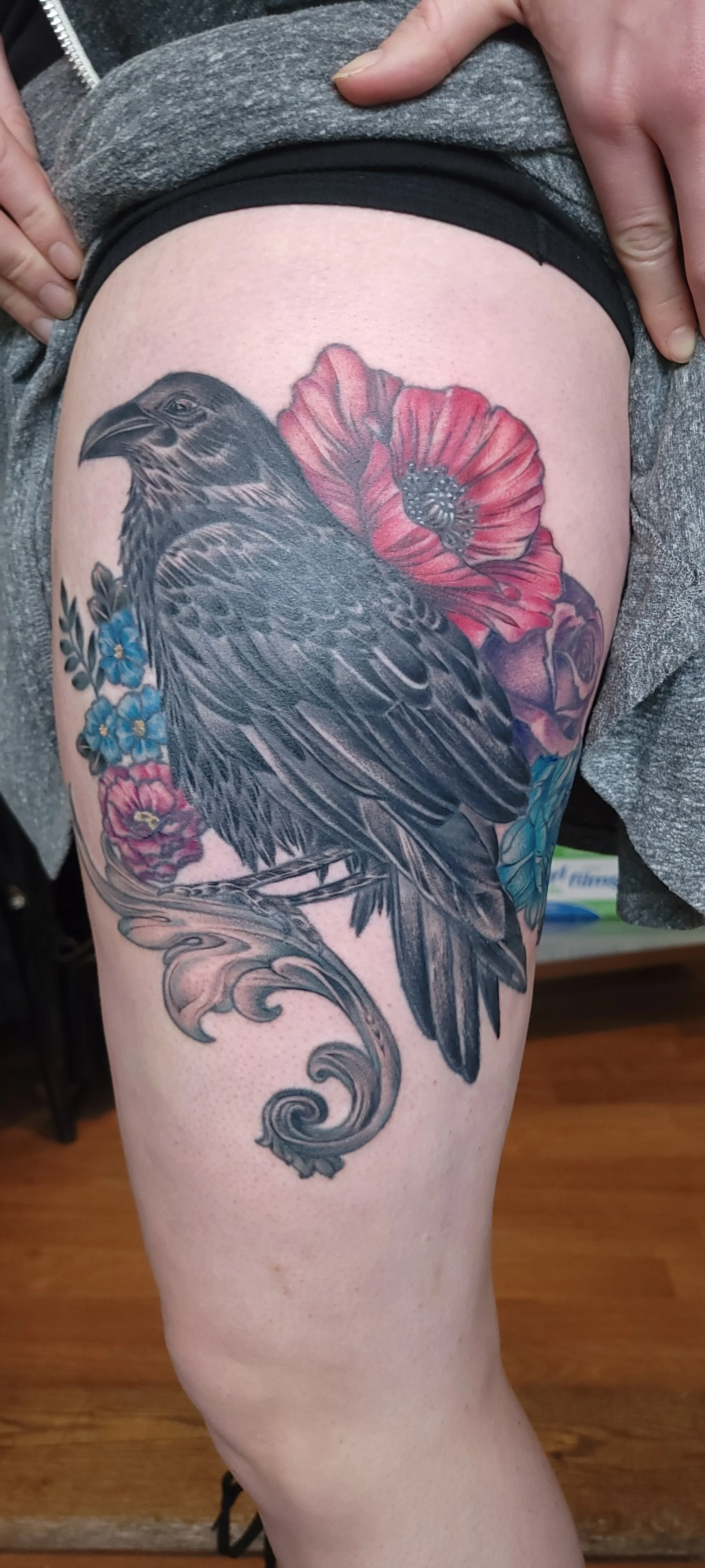 Tattoo of a raven perched on a scroll with red and blue flowers on filigree. The after picture of a rework of an existing tattoo.