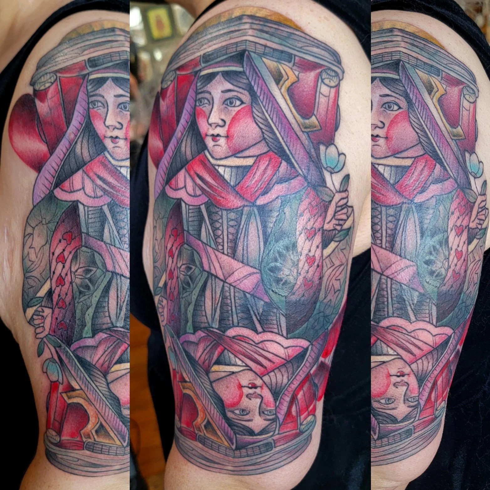 After cover up of an old tulip tattoo. Covered with a Queen of Hearts playing card design on an arm, displayed in three angles. The artwork features bold colors, Traditional design