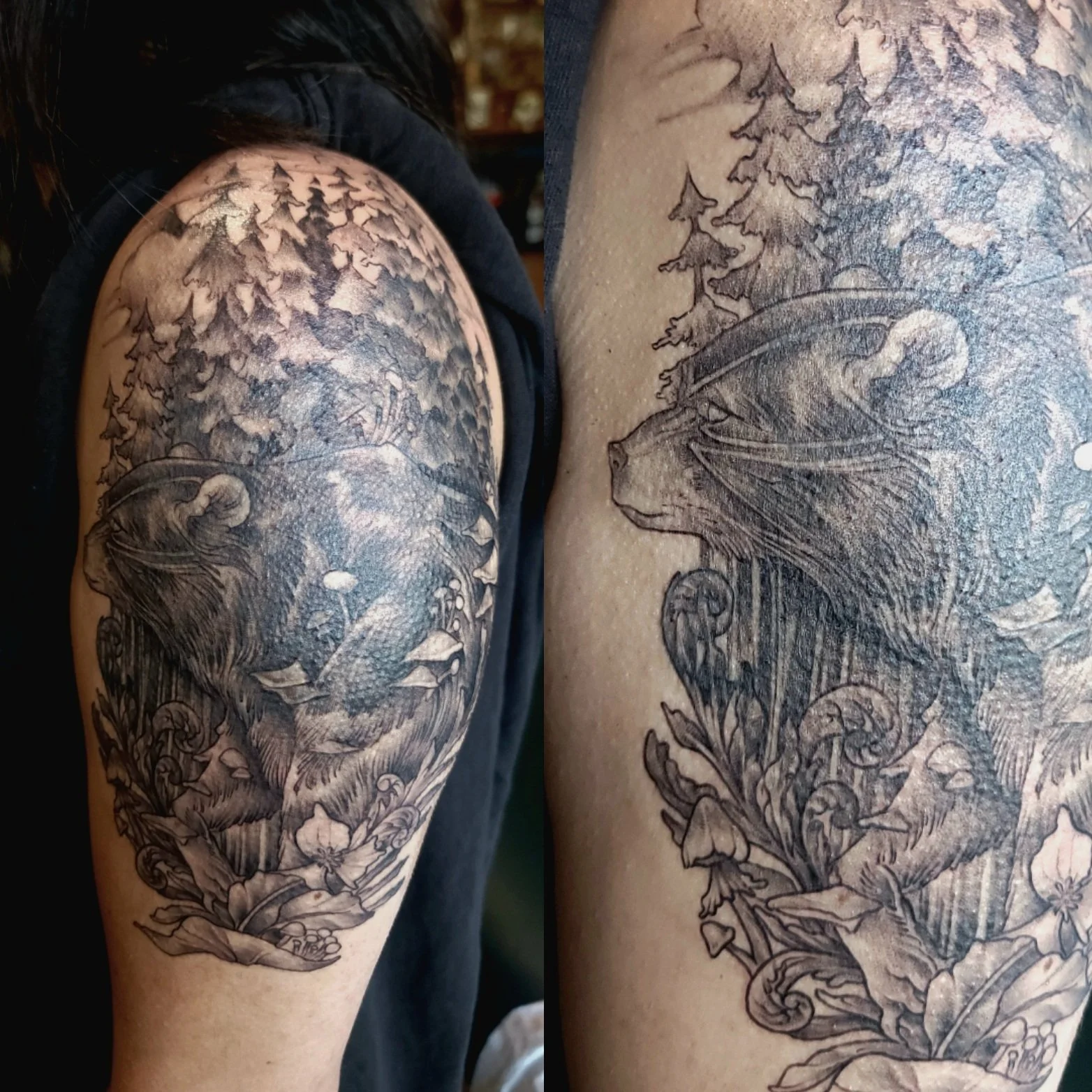 Arm tattoo featuring a bear in woodland scenery with trees and flowers to cover up the Scorpio scorpion. After cover up.