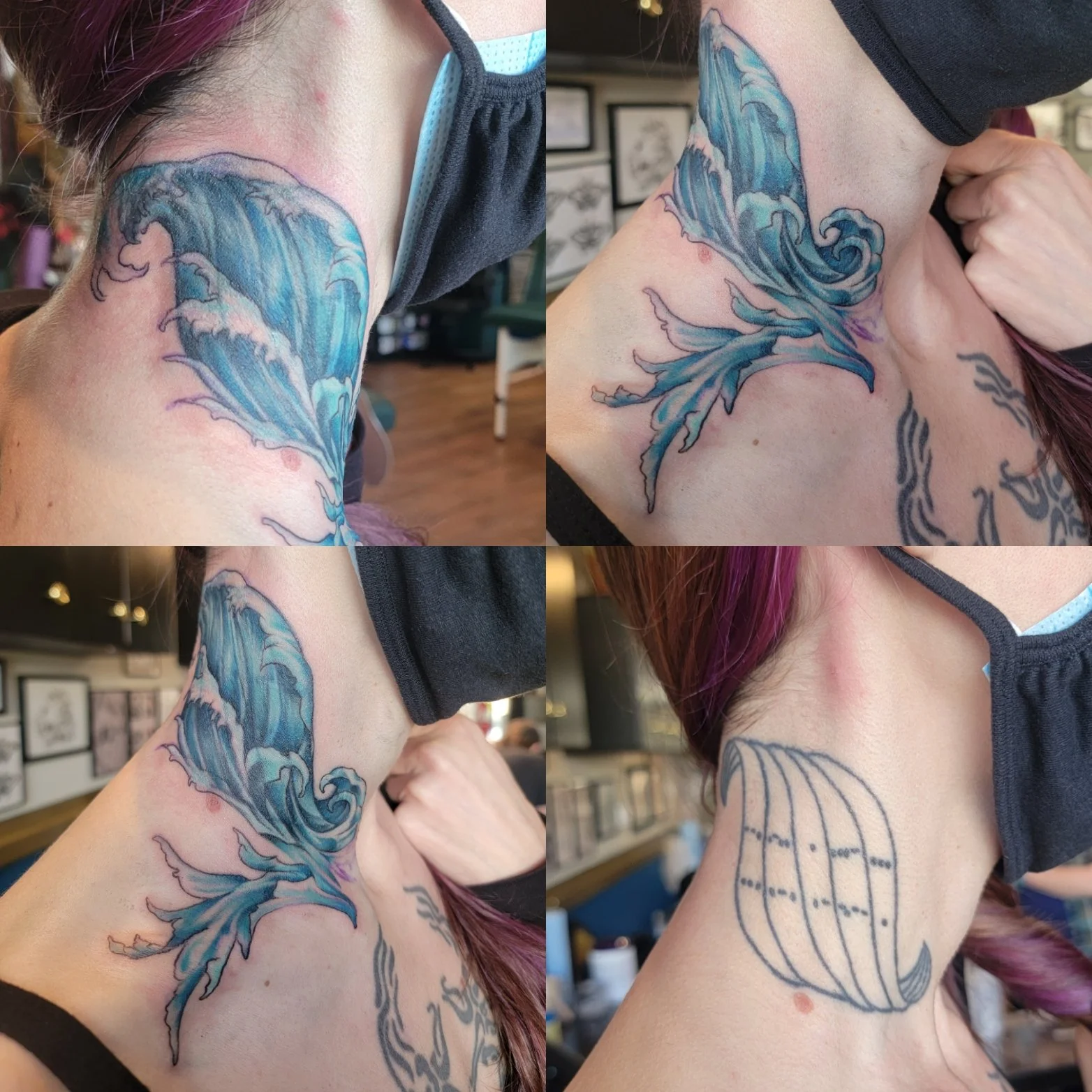The before design is in the bottom left corner and covered with a wave on neck , showcasing a blue wave design. The after cover up