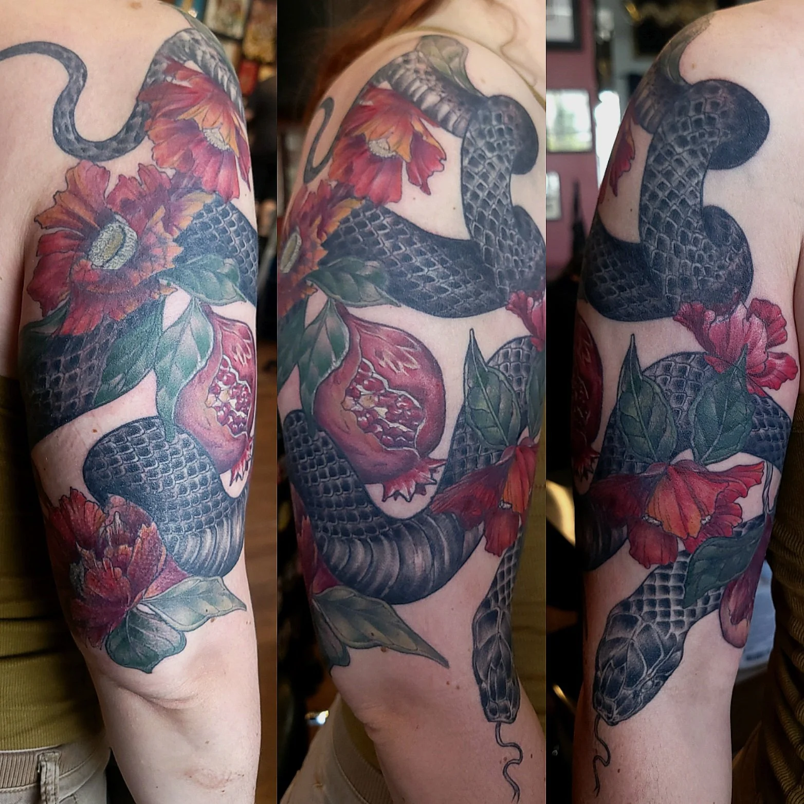 Cover up of an old snake with a new snake using pomegranate flowers and fruit. After cover up.